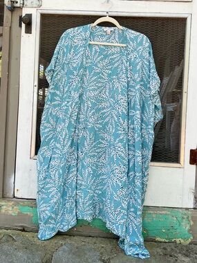 LOFT Teal and White Leaf-Print Swim Coverup Kimono